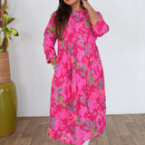 Hot pink floral cotton a-line kurti