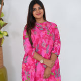 Hot pink floral cotton a-line kurti
