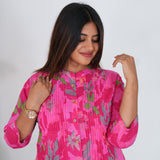 Hot pink floral cotton a-line kurti