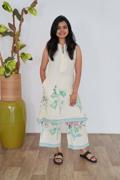 Green lily cotton co-ords set(attached sleeves)
