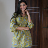 Olive green floral peplum cotton short kurti
