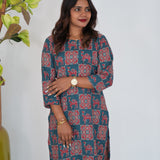 Peacock blue ajrakh camel printed cotton kurti