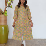 Yellow with peach floral pintex cotton kurti