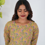 Yellow with peach floral pintex cotton kurti