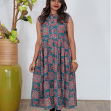 Peacock blue ajrakh camel printed cotton kurti (sleeve attached)