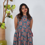 Peacock blue ajrakh camel printed cotton kurti (sleeve attached)