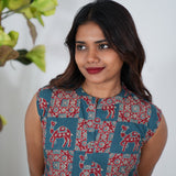Peacock blue ajrakh camel printed cotton kurti (sleeve attached)