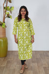 Lime green floral pintex cotton kurti