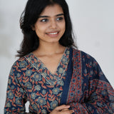 Navy blue hibiscus cotton suit set