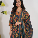 Navy blue floral cotton suit set