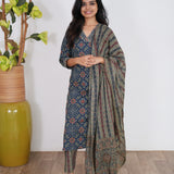 Indigo ajrakh cotton suit set