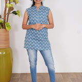 Blue marigold cotton short kurti (attached sleeves)