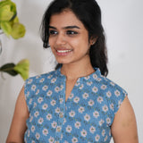 Blue marigold cotton short kurti (attached sleeves)