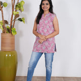 Powder pink cotton short kurti (attached sleeves)