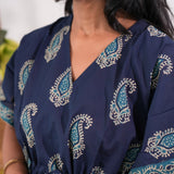 Dark blue paisley cotton short kaftan