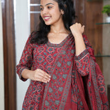 Deep maroon floral cotton suit set