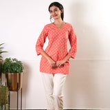 Peach v neck cotton short kurti