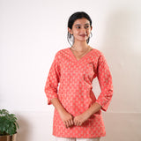 Peach v neck cotton short kurti