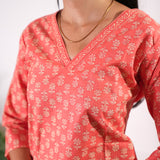 Peach v neck cotton short kurti