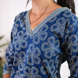 Midnight blue v neck cotton short kurti