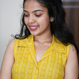Mustard geometric cotton shirt dress(attached sleeves)