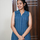 Vivid blue geometric cotton shirt dress(attached sleeves)