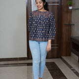 Navy ajrakh cotton short kurti
