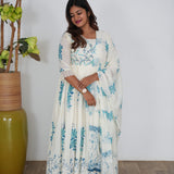 Blue and white floral long gown with dupatta