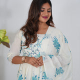 Blue and white floral long gown with dupatta
