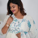 Blue and white floral long gown with dupatta