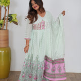 Green checked floral long gown with dupatta