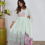 Green checked floral long gown with dupatta
