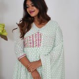 Green checked floral long gown with dupatta