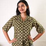Olive hand block cotton button down top