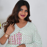 Green checked floral long gown with dupatta