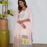 Orange checked floral long gown with dupatta
