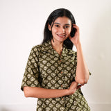 Olive hand block cotton button down top