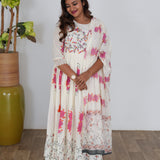 Pink and white floral long gown with dupatta