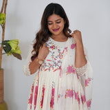 Pink and white floral long gown with dupatta