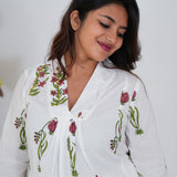 White with red floral cotton a-line kurti