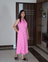 Pink snowflake cotton shirt dress(attached sleeves)
