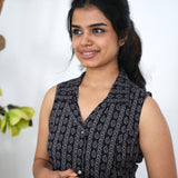 Black geometric cotton shirt dress(attached sleeves)