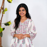 Grey and pink floral flared cotton short kurti