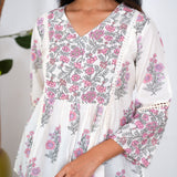 Grey and pink floral flared cotton short kurti