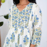 Blue floral flared cotton short kurti