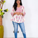 Pink floral flared cotton short kurti