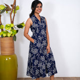 Royal blue floral cotton shirt dress(attached sleeves)