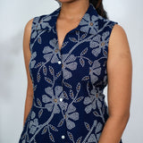 Royal blue floral cotton shirt dress(attached sleeves)