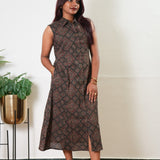 Black diamond ajrakh cotton shirt dress (attached sleeves)