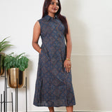 Indigo diamond ajrakh cotton shirt dress (attached sleeves)